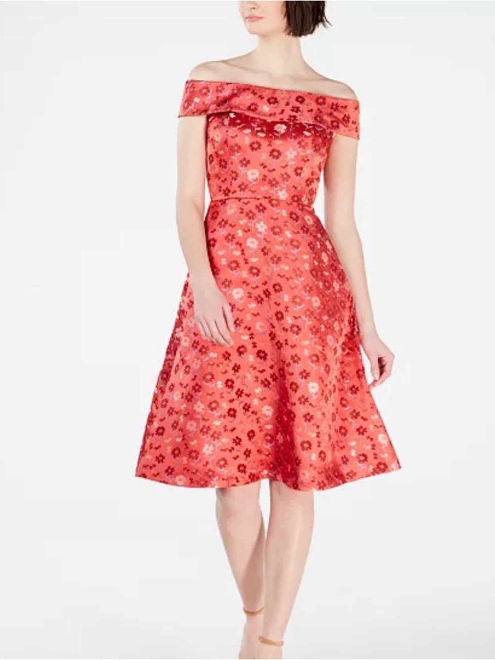 Calvin Klein Red Floral Brocade Off Shoulder A-Line Dress Petite 4